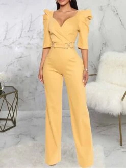 Women's Jumpsuit High Waist Solid Color V Neck Streetwear Wedding Party Regular Fit 3/4 Length Sleeve Black Yellow Wine S M L Summer