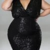 Women‘s Plus Size Curve Party Dress Solid Color V Neck Sequins Short Sleeve Spring Summer Sequins Prom Dress Short Mini Dress Party Back To School Dress Sequin Dress Homecoming Dress