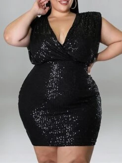 Women‘s Plus Size Curve Party Dress Solid Color V Neck Sequins Short Sleeve Spring Summer Sequins Prom Dress Short Mini Dress Party Back To School Dress Sequin Dress Homecoming Dress