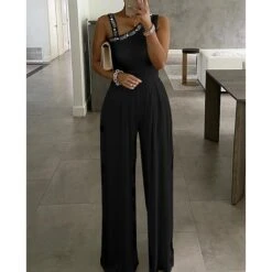 Women's Jumpsuit Beaded Solid Color V Neck Elegant Daily Holiday Straight Regular Fit Sleeveless Black S M L Spring