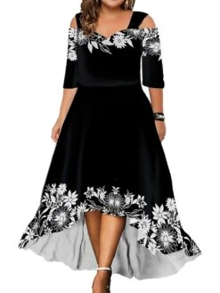 Women‘s Plus Size Curve Party Dress Wedding Guest Dress Swing Dress Long Dress Maxi Dress Black Blue Purple 3/4 Length Sleeve Floral Cold Shoulder Summer Spring Fall V Neck Fashion Birthday -Cheap Plus Fit Dress Store alyteu1690428447179