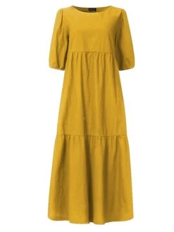 Women‘s Plus Size Curve Holiday Dress Solid Color Crew Neck Half Sleeve Fall Spring Casual Boho Maxi Long Dress Daily Vacation Dress Cotton -Cheap Plus Fit Dress Store amquae1631693695260