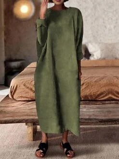 Women's Casual Dress Linen Dress Midi Dress Linen Classic Casual Outdoor Daily Vacation Crew Neck Ruched Long Sleeve Spring Fall Winter 2023 Loose Fit ArmyGreen Pink Blue Plain S M L XL 2XL -Cheap Plus Fit Dress Store amtrbt1692695194510