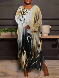 Women's Plus Size Curve Casual Dress Sweatshirt Dress Winter Dress Gradient Marbling Long Dress Maxi Dress Long Sleeve Split Print V Neck Fashion Outdoor Silver Yellow Fall Winter L XL XXL 3XL 4XL