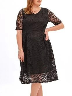 Women‘s Plus Size Curve Party Dress Lace Dress Cocktail Dress Midi Dress Black Pink Wine Half Sleeve Pure Color Lace Summer Spring Fall V Neck Fashion Birthday Wedding Guest Vacation 2023 -Cheap Plus Fit Dress Store amxpvz1691564493845