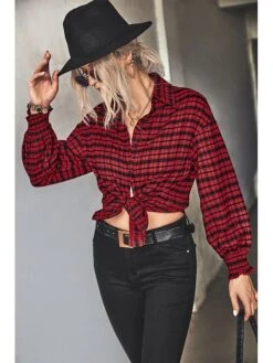 Women's Shirt Blouse Black Red Green Plaid Button Print Long Sleeve Casual Fashion Shirt Collar Regular Fit Spring &Fall -Cheap Plus Fit Dress Store anhirw1693565014326