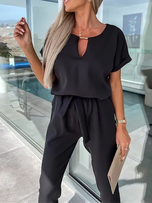 Women's Jumpsuits Casual Summer Lace Up High Waist Solid Color Crew Neck Business Office Work Loose Fit Short Sleeve Black Pink Fuchsia S M L 9 Women's Jumpsuits Casual Summer Lace Up High Waist Solid Color Crew Neck Business Office Work Loose Fit Short Sleeve Black Pink Fuchsia S M L - Image 9