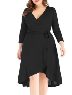 Women‘s Plus Size Curve Work Dress Semi Formal Dress Wrap Dress Fashion Midi Dress Lace Up V Neck Long Sleeve Plain Regular Fit Black Blue Spring Fall XL XXL 3XL 4XL 5XL -Cheap Plus Fit Dress Store aocxyd1691402322842