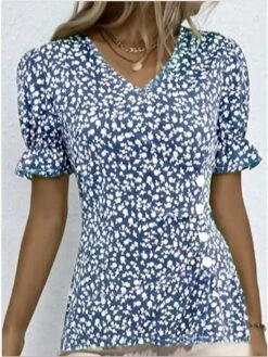 Women's Shirt Blouse Black Red Royal Blue Floral Button Print Short Sleeve Holiday Casual V Neck Regular Fit Floral Puff Sleeve 16 Women's Shirt Blouse Black Red Royal Blue Floral Button Print Short Sleeve Holiday Casual V Neck Regular Fit Floral Puff Sleeve -Cheap Plus Fit Dress Store aoiukq1686655712180