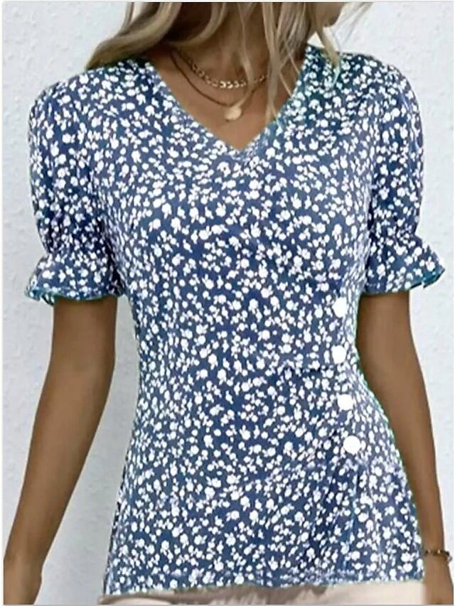 Women's Shirt Blouse Black Red Royal Blue Floral Button Print Short Sleeve Holiday Casual V Neck Regular Fit Floral Puff Sleeve 8 Women's Shirt Blouse Black Red Royal Blue Floral Button Print Short Sleeve Holiday Casual V Neck Regular Fit Floral Puff Sleeve - Image 8
