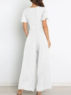 Women's Jumpsuit Ruffle Backless Solid Color V Neck Streetwear Street Daily Regular Fit Short Sleeve Green Wine Navy Blue S M L Spring / Bow -Cheap Plus Fit Dress Store aonpoe1647857552826