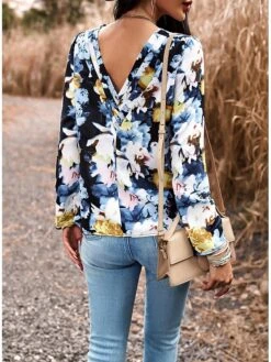 Women's Shirt Blouse Black Red Blue Graphic Floral Print Long Sleeve Casual Holiday Fashion Round Neck Regular Fit Floral Spring &Fall -Cheap Plus Fit Dress Store aorkzg1694084756607