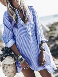 Women's Shirt Dress Casual Dress Mini Dress Outdoor Daily Vacation Polyester Fashion Modern Shirt Collar Button Pocket 3/4 Length Sleeve Spring Fall Winter 2023 Loose Fit Red Blue Striped S M L XL XXL -Cheap Plus Fit Dress Store aosxos1691648673651