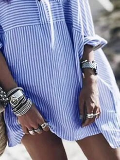 Women's Shirt Dress Casual Dress Mini Dress Outdoor Daily Vacation Polyester Fashion Modern Shirt Collar Button Pocket 3/4 Length Sleeve Spring Fall Winter 2023 Loose Fit Red Blue Striped S M L XL XXL -Cheap Plus Fit Dress Store aovgth1691648675351