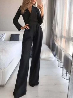 Women's Jumpsuit For Special Occasions Pocket High Waist Solid Color V Neck Streetwear Office Work Regular Fit Long Sleeve Black White Wine S M L Summer -Cheap Plus Fit Dress Store aowxvw1680576942157