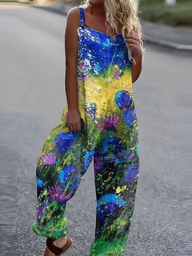 Jumpsuits For Women Summer Overall Print Floral Square Neck Streetwear Daily Vacation Loose Fit Sleeveless White Royal Blue Blue S M L 3 Jumpsuits For Women Summer Overall Print Floral Square Neck Streetwear Daily Vacation Loose Fit Sleeveless White Royal Blue Blue S M L - Image 3