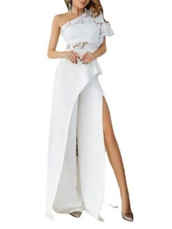 Women Party Jumpsuit Lace High Waist Solid Color One Shoulder Wedding Streetwear Prom Regular Fit Half Sleeve White S M L Summer -Cheap Plus Fit Dress Store aphbaz1682400259254