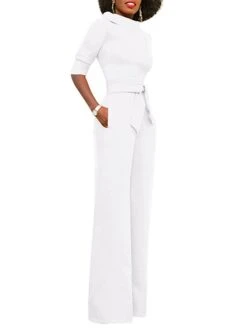 Jumpsuits For Women Summer Dressy Clean Fit Pocket High Waist Solid Color Stand Collar Business Office Work Regular Fit Half Sleeve Black White Yellow S M L -Cheap Plus Fit Dress Store aplvbz1681106740569