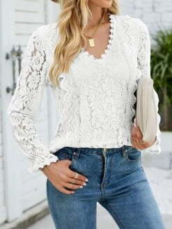 Women's Shirt Blouse Black White Wine Plain Lace Long Sleeve Casual Fashion V Neck Regular Fit Spring &Fall
