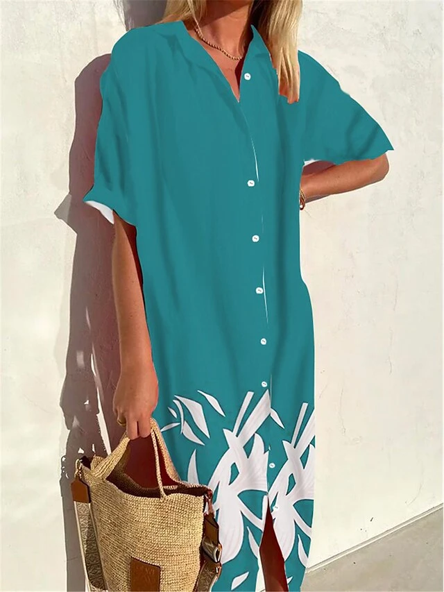 Women's Shirt Dress Casual Dress Midi Dress Outdoor Office Daily Polyester Fashion Modern Shirt Collar Button Print 3/4 Length Sleeve Summer Spring Fall 2023 Loose Fit Wine Navy Blue Blue Leaf S M L 5 Women's Shirt Dress Casual Dress Midi Dress Outdoor Office Daily Polyester Fashion Modern Shirt Collar Button Print 3/4 Length Sleeve Summer Spring Fall 2023 Loose Fit Wine Navy Blue Blue Leaf S M L - Image 5