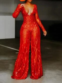Women‘s Jumpsuit Sparkly Lace Sequin Solid Color Deep V Ordinary Wedding Party Weekend Wide Leg Bodycon Long Sleeve Illusion Sleeve Red 3XL All Seasons 7 Women‘s Jumpsuit Sparkly Lace Sequin Solid Color Deep V Ordinary Wedding Party Weekend Wide Leg Bodycon Long Sleeve Illusion Sleeve Red 3XL All Seasons -Cheap Plus Fit Dress Store aqceub1654494703127