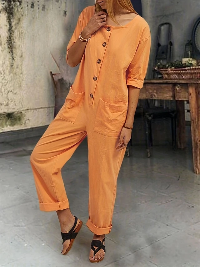 Women's Jumpsuit Button Pocket Solid Color Round Neck Streetwear Home Daily Slim Half Sleeve Black Red Blue S M L Fall 2 Women's Jumpsuit Button Pocket Solid Color Round Neck Streetwear Home Daily Slim Half Sleeve Black Red Blue S M L Fall - Image 2