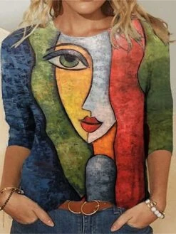 Women's T Shirt Tee Rainbow Portrait Long Sleeve Home Daily Basic Round Neck Regular Abstract 3D Printed Portrait S