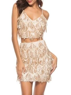 Women's Two Piece Dress Set Party Dress Skirt Set Party Cocktail Party Fashion Party Tassel Fringe Backless Mini Dress Strap Sleeveless Plain Slim Champagne Gold Spring Fall S M L XL -Cheap Plus Fit Dress Store aqhbnt1692935663390