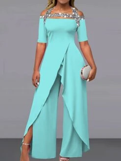 Jumpsuits For Women Dressy Print Floral Off Shoulder Wedding Elegant Party Office Wide Leg Regular Fit Short Sleeve Black White Pink S M L