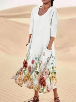 Women's Casual Dress Cotton Linen Dress Midi Dress Polyester Fashion Casual Daily Outdoor Daily Vacation Crew Neck Pocket Print Half Sleeve Summer Spring Fall 2023 Loose Fit ArmyGreen White Red Leaf -Cheap Plus Fit Dress Store aqjjsv1690365370072