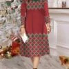 Women's Christmas Plus Size Curve Casual Dress Skater Dress A Line Dress Plaid Santa Claus Midi Dress Long Sleeve Print Crew Neck Fashion Outdoor Black Wine Fall Winter L XL XXL 3XL 4XL