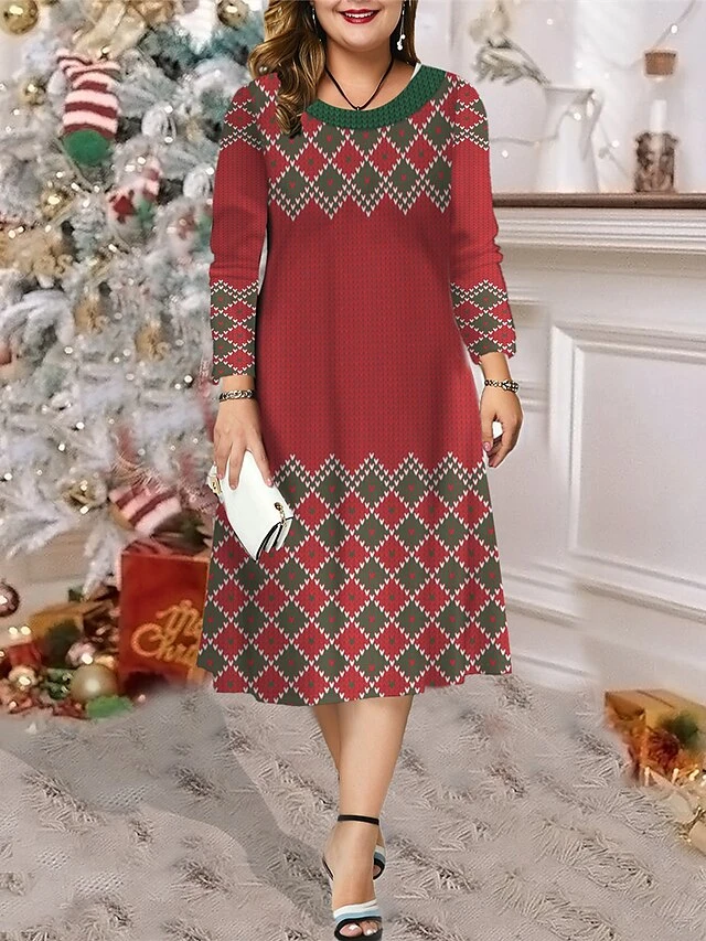 Women's Christmas Plus Size Curve Casual Dress Skater Dress A Line Dress Plaid Santa Claus Midi Dress Long Sleeve Print Crew Neck Fashion Outdoor Black Wine Fall Winter L XL XXL 3XL 4XL 1 Women's Christmas Plus Size Curve Casual Dress Skater Dress A Line Dress Plaid Santa Claus Midi Dress Long Sleeve Print Crew Neck Fashion Outdoor Black Wine Fall Winter L XL XXL 3XL 4XL