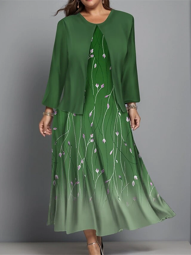 Women's Plus Size Two Piece Dress Set Casual Dress Swing Dress Outdoor Office Fashion Streetwear Print Midi Dress Crew Neck Long Sleeve Floral Ombre Regular Fit Wine Blue Green Fall Winter L XL XXL 7 Women's Plus Size Two Piece Dress Set Casual Dress Swing Dress Outdoor Office Fashion Streetwear Print Midi Dress Crew Neck Long Sleeve Floral Ombre Regular Fit Wine Blue Green Fall Winter L XL XXL - Image 7