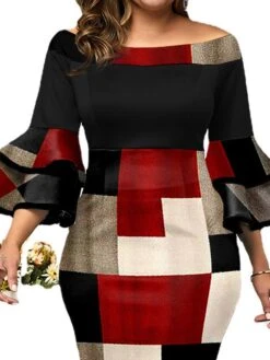 Women‘s Plus Size Curve Work Dress Bodycon Sheath Dress Plaid Midi Dress 3/4 Length Sleeve Backless Crew Neck Fashion Office Red Fall Spring XL XXL 3XL 4XL 5XL -Cheap Plus Fit Dress Store aqryxw1672900198018
