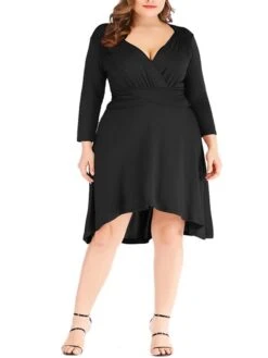 Women's Plus Size Curve Work Dress Black Dress A Line Dress Fashion Midi Dress Ruched V Neck Long Sleeve Plain Loose Fit Black Wine Blue Fall XL XXL 3XL 4XL 5XL -Cheap Plus Fit Dress Store aqudcp1693203476209