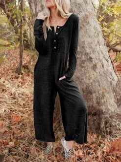 Women's Jumpsuit Button Pocket Solid Color Crew Neck Streetwear Street Daily Regular Fit Long Sleeve Black Yellow Fuchsia S M L Fall -Cheap Plus Fit Dress Store aqyblk1692269116061