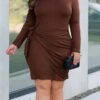Women's Plus Size Curve Casual Dress Winter Dress Bodycon Solid Color Midi Dress Long Sleeve Lace Up Ruched Crew Neck Fashion Outdoor Brown Fall Winter XL XXL 3XL