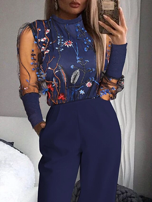 Jumpsuits For Women Summer Dressy Mesh Embroidered Floral Stand Collar Elegant Party Street Regular Fit Long Sleeve Blue S M L Spring Fall 2 Jumpsuits For Women Summer Dressy Mesh Embroidered Floral Stand Collar Elegant Party Street Regular Fit Long Sleeve Blue S M L Spring Fall - Image 2