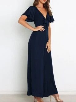 Women's Jumpsuit Ruffle Backless Solid Color V Neck Streetwear Street Daily Regular Fit Short Sleeve Green Wine Navy Blue S M L Spring / Bow -Cheap Plus Fit Dress Store arapxk1647857555650