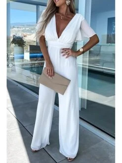 White Jumpsuit For Women High Waist Solid Color V Neck Streetwear Party Office Elegant Regular Fit Short Sleeve Black Pink S M L Summer