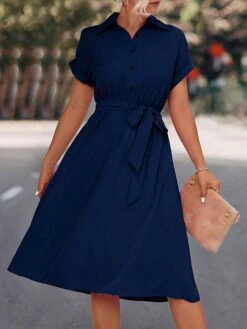 Women's Shirt Dress Casual Dress Midi Dress Outdoor Daily Date Polyester Casual Classic Shirt Collar Lace Up Ruched Short Sleeve Summer Spring 2023 Loose Fit Black Blue Rose Red Plain S M L XL -Cheap Plus Fit Dress Store arfofx1677739297404