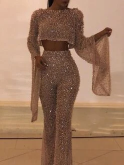 Women's Jumpsuit Backless Sequin Solid Color Crew Neck Streetwear Wedding Party Regular Fit Long Sleeve Gold S M L Summer