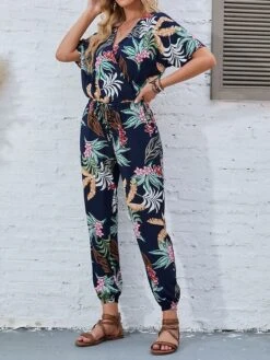 Women's Jumpsuit Print Floral V Neck Casual Street Daily Regular Fit Short Sleeve Navy Blue S M L Spring -Cheap Plus Fit Dress Store arpqel1675852603764