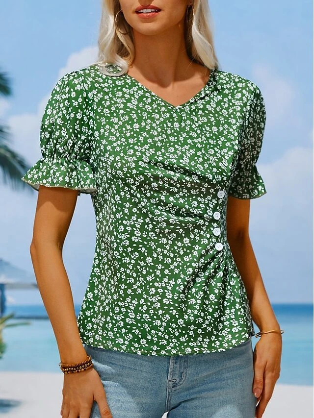 Women's Shirt Blouse Black Red Royal Blue Floral Button Print Short Sleeve Holiday Casual V Neck Regular Fit Floral Puff Sleeve 4 Women's Shirt Blouse Black Red Royal Blue Floral Button Print Short Sleeve Holiday Casual V Neck Regular Fit Floral Puff Sleeve - Image 4