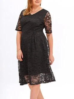 Women‘s Plus Size Curve Party Dress Lace Dress Cocktail Dress Midi Dress Black Pink Wine Half Sleeve Pure Color Lace Summer Spring Fall V Neck Fashion Birthday Wedding Guest Vacation 2023 -Cheap Plus Fit Dress Store asldvc1691564492373