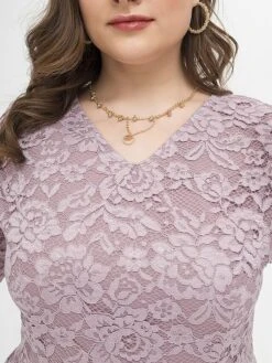 Women‘s Plus Size Curve Party Dress Lace Dress Cocktail Dress Midi Dress Black Pink Wine Half Sleeve Pure Color Lace Summer Spring Fall V Neck Fashion Birthday Wedding Guest Vacation 2023 -Cheap Plus Fit Dress Store astenf1691564488627