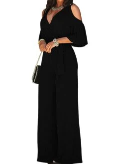Women's Jumpsuit High Waist Cut Out Solid Color V Neck Streetwear Christmas Daily Xmas Regular Fit 3/4 Length Sleeve Black White Yellow S M L Fall 11 Women's Jumpsuit High Waist Cut Out Solid Color V Neck Streetwear Christmas Daily Xmas Regular Fit 3/4 Length Sleeve Black White Yellow S M L Fall -Cheap Plus Fit Dress Store atbycg1695347190858