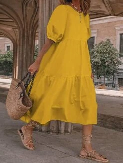 Women‘s Plus Size Curve Holiday Dress Solid Color Crew Neck Half Sleeve Fall Spring Casual Boho Maxi Long Dress Daily Vacation Dress Cotton -Cheap Plus Fit Dress Store atcisb1621240345827