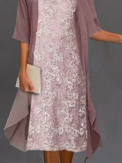 Women's Two Piece Dress Set Lace Dress Work Dress Office Wedding Guest Fashion Work Lace Midi Dress Crew Neck 3/4 Length Sleeve Floral Loose Fit Pink Fall Winter S M L XL XXL -Cheap Plus Fit Dress Store atsetw1697081503194