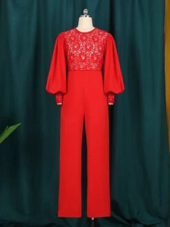 Women's Jumpsuit Flower Lace Solid Color Crew Neck Formal Birthday Party Christmas Evening Straight Regular Fit Long Sleeve Bishop Sleeve Red S M L Fall Cold Weather 10 Women's Jumpsuit Flower Lace Solid Color Crew Neck Formal Birthday Party Christmas Evening Straight Regular Fit Long Sleeve Bishop Sleeve Red S M L Fall Cold Weather -Cheap Plus Fit Dress Store atzcix1644990707473